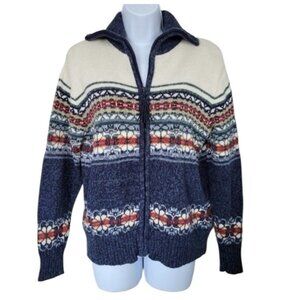 Tiara International Vintage Multicolor Christmas Cottage Full Zip Sweater Medium